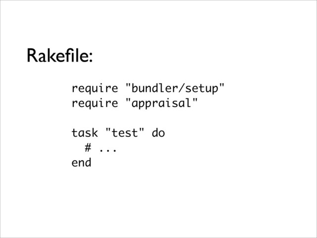 Rakeﬁle:
require "bundler/setup"
require "appraisal"
task "test" do
# ...
end
