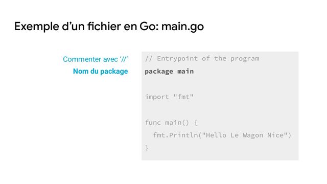 Exemple d’un fichier en Go: main.go
// Entrypoint of the program
package main
import "fmt"
func main() {
fmt.Println("Hello Le Wagon Nice")
}
Nom du package
Commenter avec ‘//’
