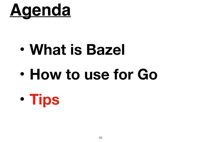 Agenda
45
ɾWhat is Bazel
ɾHow to use for Go
ɾTips
