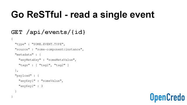 Go ReSTful - read a single event
GET /api/events/{id}
{
"type" : "SOME.EVENT.TYPE",
"source" : "some-component:instance",
"metadata" : {
"anyMetaKey" : "someMetaValue",
"tags" : [ "tag1", "tag2" ]
},
"payload" : {
"anyKey1" : "someValue",
"anyKey2" : 3
}
}

