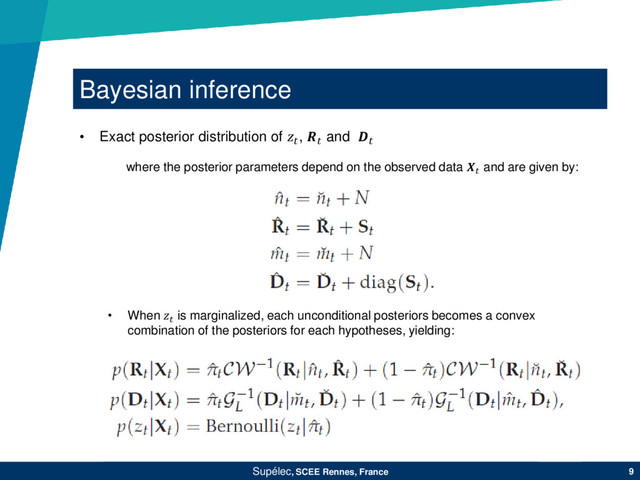 Bayesian inference
Supélec, SCEE Rennes, France 9
where the posterior parameters depend on the observed data  and are given by:
• When  is marginalized, each unconditional posteriors becomes a convex
combination of the posteriors for each hypotheses, yielding:
• Exact posterior distribution of ,  and 
