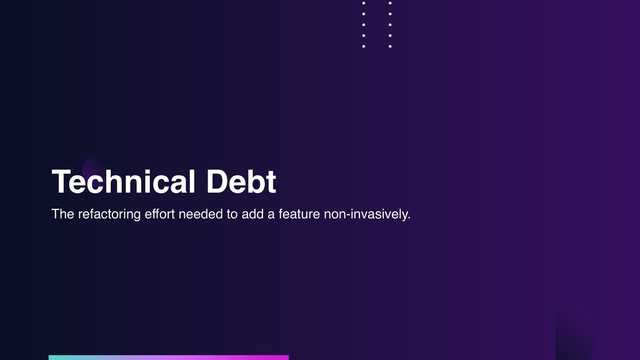 Technical Debt
The refactoring effort needed to add a feature non-invasively.
