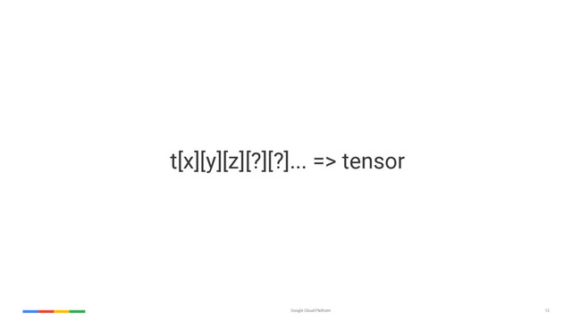 Google Cloud Platform 12
t[x][y][z][?][?]... => tensor
