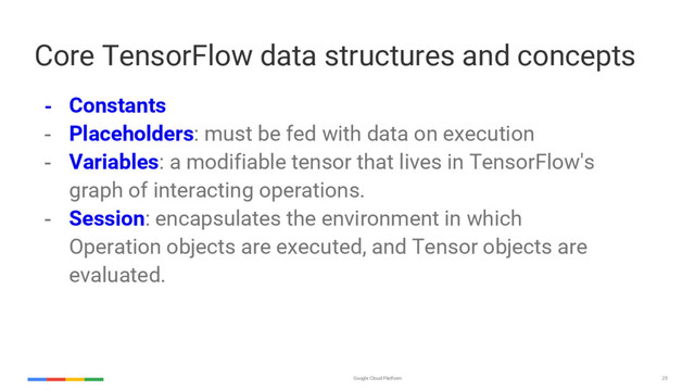 Google Cloud Platform 25
Core TensorFlow data structures and concepts
- Constants
- Placeholders: must be fed with data on execution
- Variables: a modifiable tensor that lives in TensorFlow's
graph of interacting operations.
- Session: encapsulates the environment in which
Operation objects are executed, and Tensor objects are
evaluated.
