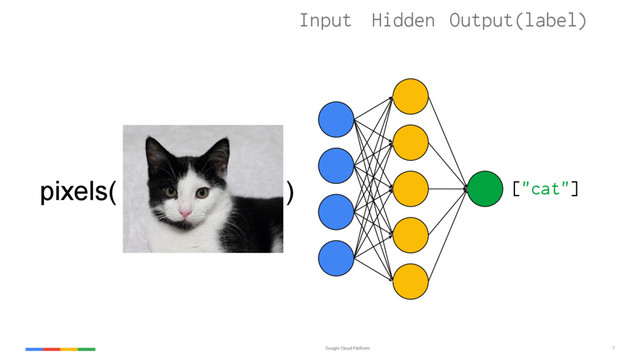 Google Cloud Platform 7
["cat"]
Input Hidden Output(label)
pixels( )
