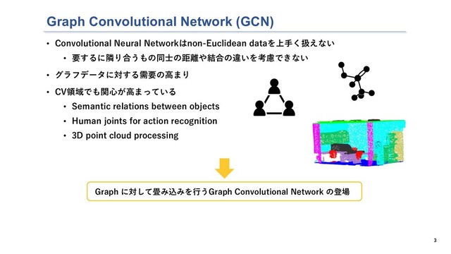 Graph Convolutional Network (GCN)
• Convolutional Neural Networkはnon-Euclidean dataを上⼿く扱えない
• 要するに隣り合うもの同⼠の距離や結合の違いを考慮できない
• グラフデータに対する需要の⾼まり
• CV領域でも関⼼が⾼まっている
• Semantic relations between objects
• Human joints for action recognition
• 3D point cloud processing
3
Graph に対して畳み込みを⾏うGraph Convolutional Network の登場
