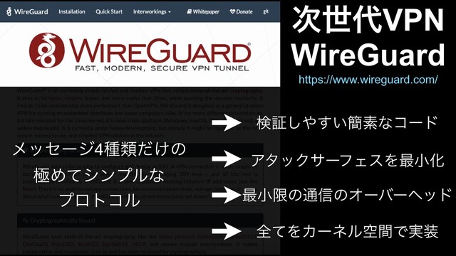 WireGuard
࣍ੈ୅VPN
https://www.wireguard.com/
ΞλοΫαʔϑΣεΛ࠷খԽ
࠷খݶͷ௨৴ͷΦʔόʔϔου
શͯΛΧʔωϧۭؒͰ࣮૷
ϝοηʔδ4छྨ͚ͩͷ
ۃΊͯγϯϓϧͳ
ϓϩτίϧ
ݕূ͠΍͍͢؆ૉͳίʔυ

