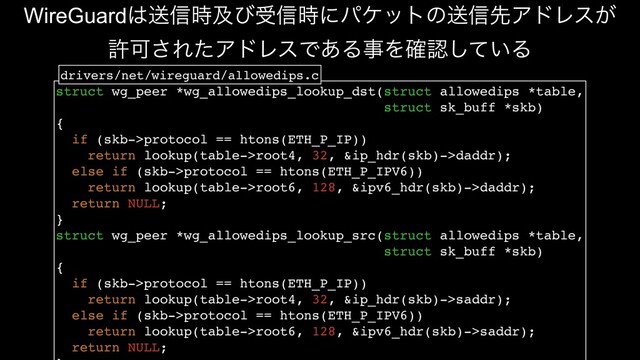 struct wg_peer *wg_allowedips_lookup_dst(struct allowedips *table,
struct sk_buff *skb)
{
if (skb->protocol == htons(ETH_P_IP))
return lookup(table->root4, 32, &ip_hdr(skb)->daddr);
else if (skb->protocol == htons(ETH_P_IPV6))
return lookup(table->root6, 128, &ipv6_hdr(skb)->daddr);
return NULL;
}
struct wg_peer *wg_allowedips_lookup_src(struct allowedips *table,
struct sk_buff *skb)
{
if (skb->protocol == htons(ETH_P_IP))
return lookup(table->root4, 32, &ip_hdr(skb)->saddr);
else if (skb->protocol == htons(ETH_P_IPV6))
return lookup(table->root6, 128, &ipv6_hdr(skb)->saddr);
return NULL;
drivers/net/wireguard/allowedips.c
WireGuard͸ૹ৴࣌ٴͼड৴࣌ʹύέοτͷૹ৴ઌΞυϨε͕
ڐՄ͞ΕͨΞυϨεͰ͋ΔࣄΛ֬ೝ͍ͯ͠Δ
