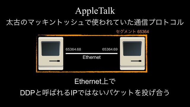 AppleTalk
ଠݹͷϚοΩϯτογϡͰ࢖ΘΕ͍ͯͨ௨৴ϓϩτίϧ
Ethernet
Ethernet্Ͱ
DDPͱݺ͹ΕΔIPͰ͸ͳ͍ύέοτΛ౤͛߹͏
 
ηάϝϯτ 65364
