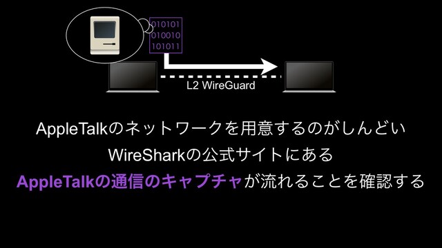 L2 WireGuard
AppleTalkͷωοτϫʔΫΛ༻ҙ͢Δͷ͕͠ΜͲ͍
WireSharkͷެࣜαΠτʹ͋Δ
AppleTalkͷ௨৴ͷΩϟϓνϟ͕ྲྀΕΔ͜ͱΛ֬ೝ͢Δ



