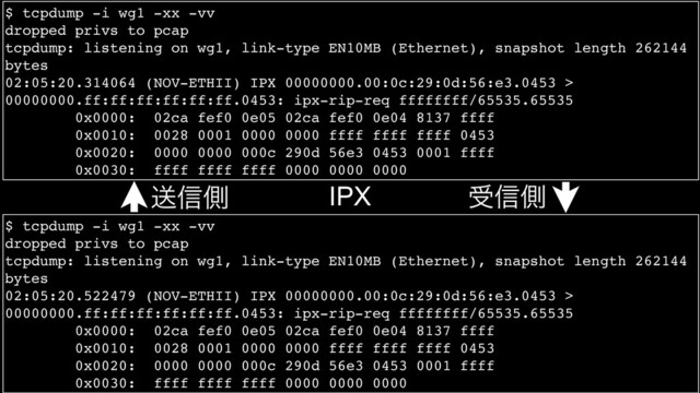 $ tcpdump -i wg1 -xx -vv
dropped privs to pcap
tcpdump: listening on wg1, link-type EN10MB (Ethernet), snapshot length 262144
bytes
02:05:20.314064 (NOV-ETHII) IPX 00000000.00:0c:29:0d:56:e3.0453 >
00000000.ff:ff:ff:ff:ff:ff.0453: ipx-rip-req ffffffff/65535.65535
0x0000: 02ca fef0 0e05 02ca fef0 0e04 8137 ffff
0x0010: 0028 0001 0000 0000 ffff ffff ffff 0453
0x0020: 0000 0000 000c 290d 56e3 0453 0001 ffff
0x0030: ffff ffff ffff 0000 0000 0000
$ tcpdump -i wg1 -xx -vv
dropped privs to pcap
tcpdump: listening on wg1, link-type EN10MB (Ethernet), snapshot length 262144
bytes
02:05:20.522479 (NOV-ETHII) IPX 00000000.00:0c:29:0d:56:e3.0453 >
00000000.ff:ff:ff:ff:ff:ff.0453: ipx-rip-req ffffffff/65535.65535
0x0000: 02ca fef0 0e05 02ca fef0 0e04 8137 ffff
0x0010: 0028 0001 0000 0000 ffff ffff ffff 0453
0x0020: 0000 0000 000c 290d 56e3 0453 0001 ffff
0x0030: ffff ffff ffff 0000 0000 0000
ૹ৴ଆ ड৴ଆ
IPX
