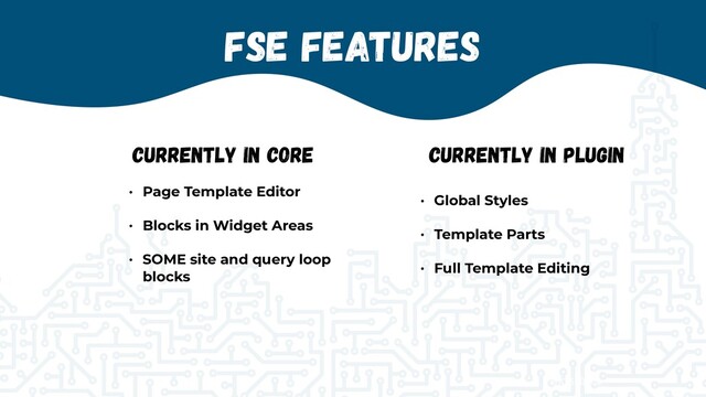 @jcasabona
FSE Features
• Page Template Editor


• Blocks in Widget Areas


• SOME site and query loop
blocks
Currently in Core Currently in Plugin
• Global Styles


• Template Parts


• Full Template Editing
