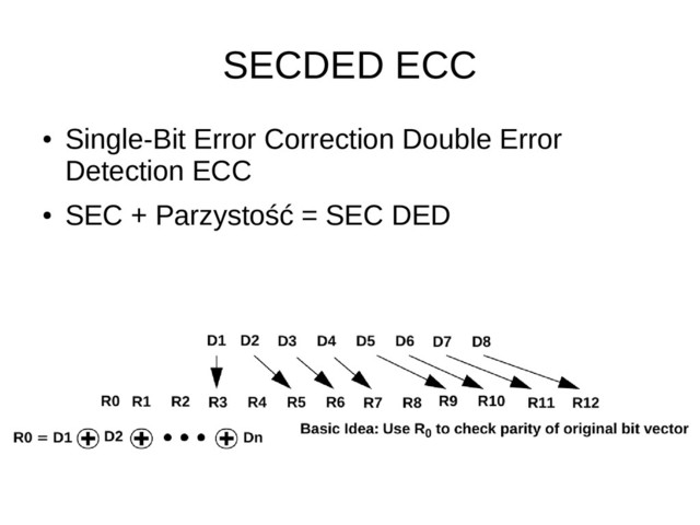 SECDED ECC
●
Single-Bit Error Correction Double Error
Detection ECC
●
SEC + Parzystość = SEC DED
