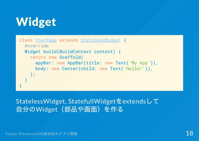 Widget
class YourPage extends StatelessWidget {
@override
Widget build(BuildContext context) {
return new Scaffold(
appBar: new AppBar(title: new Text('My App')),
body: new Center(child: new Text('Hello!')),
);
}
}
StatelessWidget, StatefullWidget
をextends
して
自分のWidget（
部品や画面）
を作る
Flutter
でAndroid/iOS
両対応のアプリ開発 18
