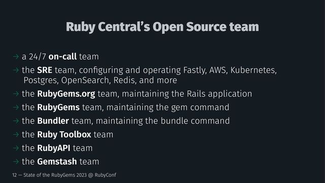 Ruby Central’s Open Source team
→ a 24/7 on-call team
→ the SRE team, conﬁguring and operating Fastly, AWS, Kubernetes,
Postgres, OpenSearch, Redis, and more
→ the RubyGems.org team, maintaining the Rails application
→ the RubyGems team, maintaining the gem command
→ the Bundler team, maintaining the bundle command
→ the Ruby Toolbox team
→ the RubyAPI team
→ the Gemstash team
12 — State of the RubyGems 2023 @ RubyConf
