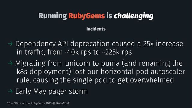 Running RubyGems is challenging
Incidents
→ Dependency API deprecation caused a 25x increase
in trafﬁc, from ~10k rps to ~225k rps
→ Migrating from unicorn to puma (and renaming the
k8s deployment) lost our horizontal pod autoscaler
rule, causing the single pod to get overwhelmed
→ Early May pager storm
20 — State of the RubyGems 2023 @ RubyConf
