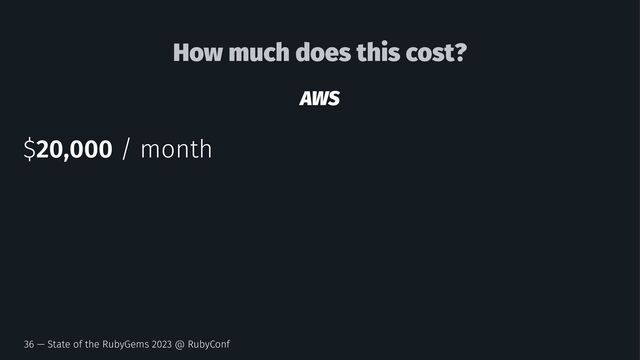 How much does this cost?
AWS
$20,000 / month
36 — State of the RubyGems 2023 @ RubyConf

