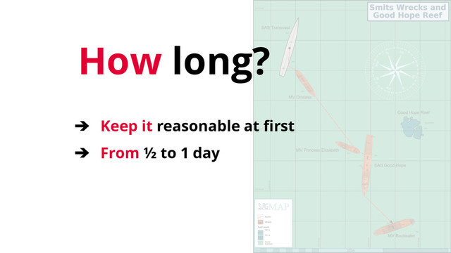 How long?
➔ Keep it reasonable at first
➔ From ½ to 1 day
