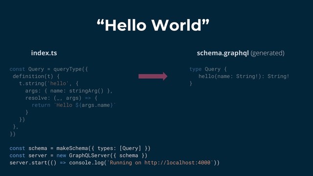 “Hello World”
const Query = queryType({
definition(t) {
t.string('hello', {
args: { name: stringArg() },
resolve: (_, args) => {
return `Hello ${args.name}`
}
})
},
})
const schema = makeSchema({ types: [Query] })
const server = new GraphQLServer({ schema })
server.start(() => console.log(`Running on http://localhost:4000`))
type Query {
hello(name: String!): String!
}
index.ts schema.graphql (generated)

