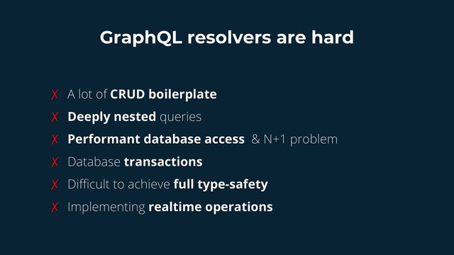 GraphQL resolvers are hard
✗ A lot of CRUD boilerplate
✗ Deeply nested queries
✗ Performant database access & N+1 problem
✗ Database transactions
✗ Difficult to achieve full type-safety
✗ Implementing realtime operations
