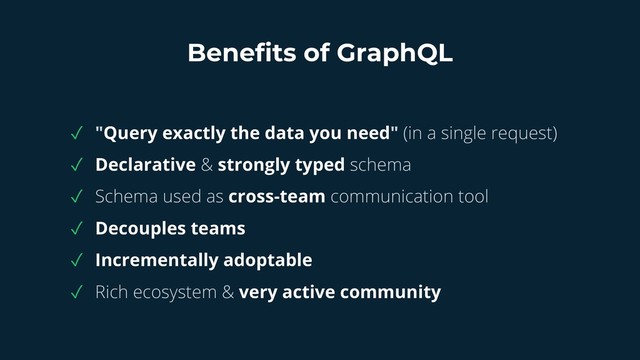 Benefits of GraphQL
✓ "Query exactly the data you need" (in a single request)
✓ Declarative & strongly typed schema
✓ Schema used as cross-team communication tool
✓ Decouples teams
✓ Incrementally adoptable
✓ Rich ecosystem & very active community
