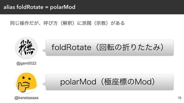 alias foldRotate = polarMod
ಉ͡ૢ࡞͕ͩɺݺͼํʢղऍʣʹ೿ൊʢफڭʣ͕͋Δ
15
GPME3PUBUFʢճసͷંΓͨͨΈʣ
QPMBS.PEʢۃ࠲ඪͷ.PEʣ
@gam0022
@kanetaaaaa
