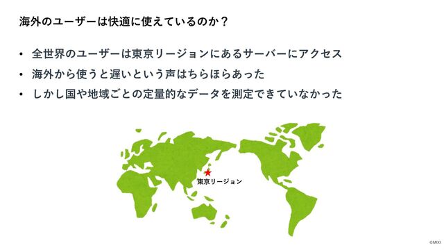 ©MIXI
海外のユーザーは快適に使えているのか？
• 全世界のユーザーは東京リージョンにあるサーバーにアクセス
• 海外から使うと遅いという声はちらほらあった
• しかし国や地域ごとの定量的なデータを測定できていなかった
東京リージョン
