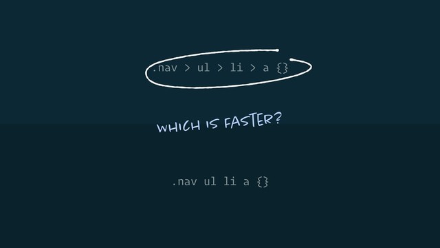 .nav > ul > li > a {}
.nav ul li a {}
Which is Faster?
