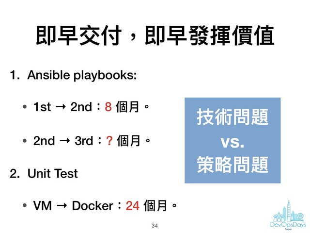 即早交付，即早發揮價值
1. Ansible playbooks:
• 1st → 2nd：8 個⽉月。
• 2nd → 3rd：? 個⽉月。
2. Unit Test
• VM → Docker：24 個⽉月。
34
技術問題
vs.
策略略問題
