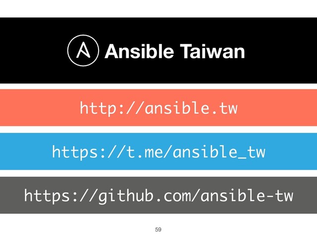 Ansible Taiwan
https://t.me/ansible_tw
https://github.com/ansible-tw
http://ansible.tw
59
