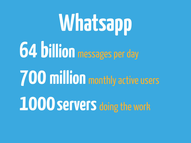 Whatsapp
64 billion messages per day
700 million monthly active users
1000 servers doing the work
