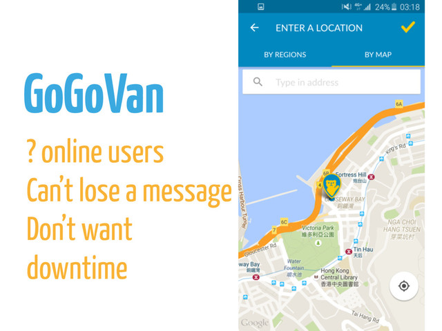 GoGoVan
? online users
Can’t lose a message
Don’t want
downtime
