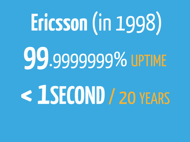 Ericsson (in 1998)
99.9999999% UPTIME
< 1SECOND / 20 YEARS
