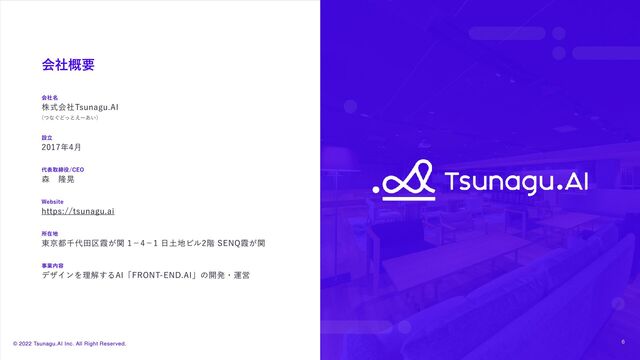 © 2022 Tsunagu.AI Inc. All Right Reserved. 6
ձࣾ֓ཁ
ձ໊ࣾ
גࣜձࣾ5TVOBHV"*
ͭͳ͙Ͳͬͱ͑ʔ͍͋

ઃཱ
೥݄
୅දऔక໾$&0
৿ɹོߊ
8FCTJUF
IUUQTUTVOBHVBJ
ॴࡏ஍
౦ژ౎ઍ୅ా۠բ͕ؔʵʵ೔౔஍Ϗϧ֊4&/2բ͕ؔ
ࣄۀ಺༰
σβΠϯΛཧղ͢Δ"*ʮ'30/5&/%"*ʯͷ։ൃɾӡӦ
