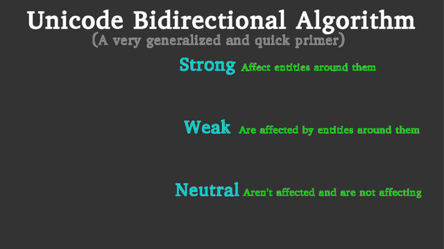 Unicode Bidirectional Algorithm
Strong
Weak
Neutral
Affect entities around them
Are affected by entities around them
Aren't affected and are not affecting
(A very generalized and quick primer)
