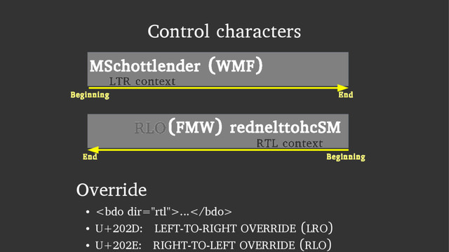 Control characters
RTL context
LTR context
Beginning End
End Beginning
MSchottlender (WMF)
Override
● ...
● U+202D: LEFT-TO-RIGHT OVERRIDE (LRO)
● U+202E: RIGHT-TO-LEFT OVERRIDE (RLO)
(FMW) rednelttohcSM
RLO
