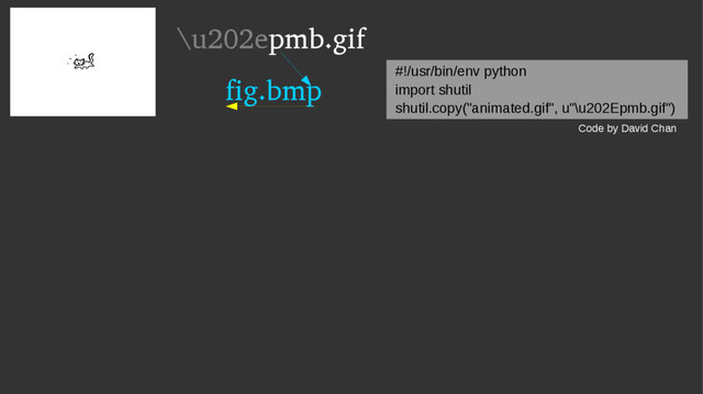 \u202epmb.gif
fig.bmp
#!/usr/bin/env python
import shutil
shutil.copy("animated.gif", u"\u202Epmb.gif")
Code by David Chan
