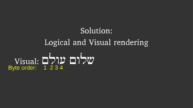 Solution:
Logical and Visual rendering
Visual: םלוע םולש
1 2 3 4
Byte order:
