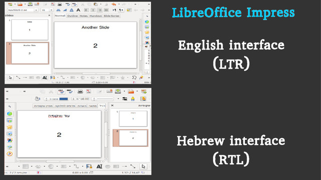 English interface
(LTR)
Hebrew interface
(RTL)
LibreOffice Impress
