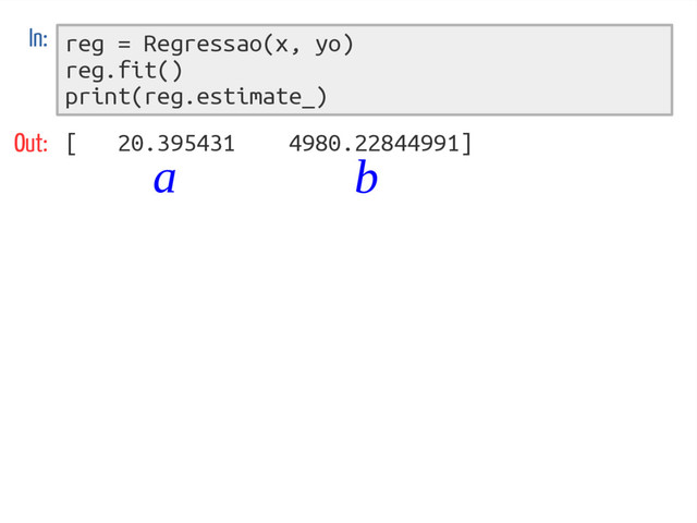reg = Regressao(x, yo)
reg.fit()
print(reg.estimate_)
In:
Out: [ 20.395431 4980.22844991]
a b
