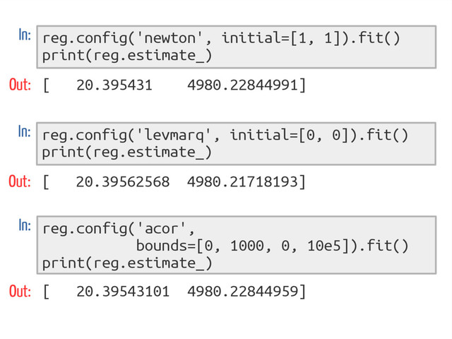 reg.config('newton', initial=[1, 1]).fit()
print(reg.estimate_)
In:
Out: [ 20.395431 4980.22844991]
reg.config('levmarq', initial=[0, 0]).fit()
print(reg.estimate_)
In:
Out: [ 20.39562568 4980.21718193]
reg.config('acor',
bounds=[0, 1000, 0, 10e5]).fit()
print(reg.estimate_)
In:
Out: [ 20.39543101 4980.22844959]
