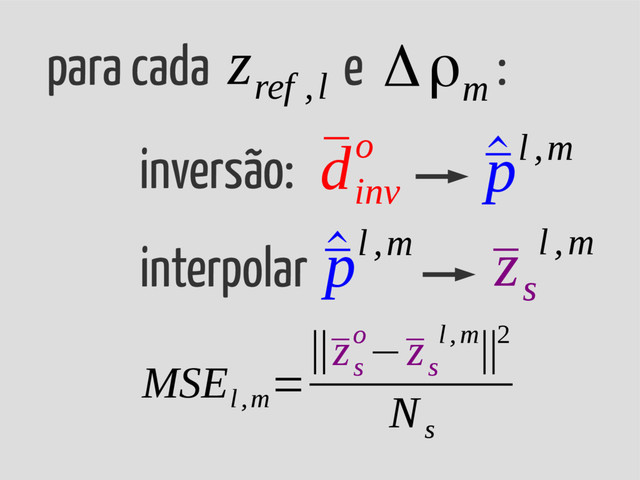 para cada e :
Δρ
m
inversão: ¯
d
inv
o
¯
z
s
l ,m
^
¯
pl ,m
interpolar ^
¯
pl ,m
MSE
l,m
=
‖¯
z
s
o−¯
z
s
l,m‖2
N
s
z
ref ,l
