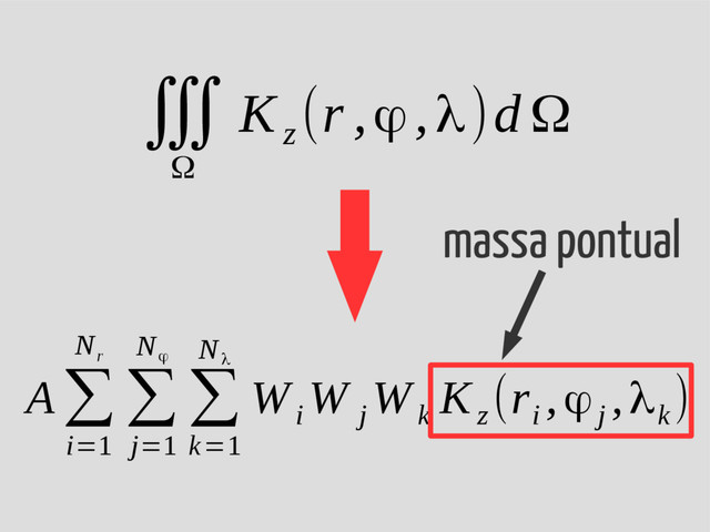 A ∑
i=1
N
r
∑
j=1
N
ϕ
∑
k=1
N
λ
W
i
W
j
W
k
K
z
(r
i
,ϕj
,λk
)
∭
Ω
K
z
(r ,ϕ,λ)d Ω
massa pontual
