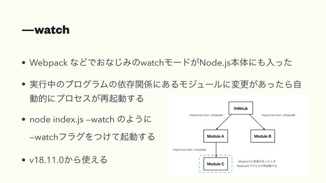 —watch
• Webpack ͳͲͰ͓ͳ͡ΈͷwatchϞʔυ͕Node.jsຊମʹ΋ೖͬͨ


• ࣮ߦதͷϓϩάϥϜͷґଘؔ܎ʹ͋ΔϞδϡʔϧʹมߋ͕͋ͬͨΒࣗ
ಈతʹϓϩηε͕࠶ىಈ͢Δ


• node index.js —watch ͷΑ͏ʹ
 
—watchϑϥάΛ͚ͭͯىಈ͢Δ


• v18.11.0͔Β࢖͑Δ
