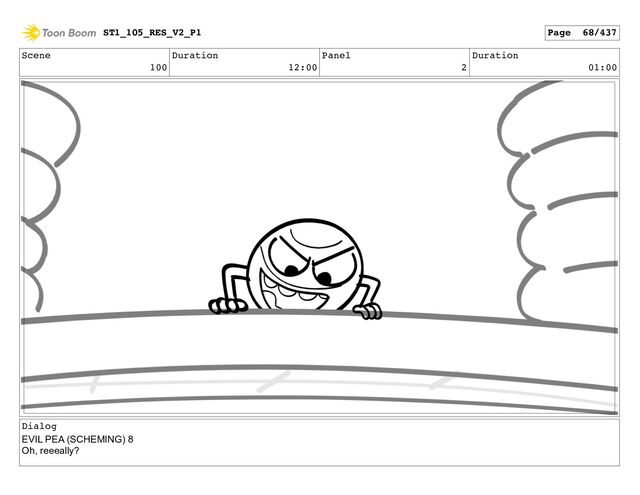 Scene
100
Duration
12:00
Panel
2
Duration
01:00
Dialog
EVIL PEA (SCHEMING) 8
Oh, reeeally?
ST1_105_RES_V2_P1 Page 68/437
