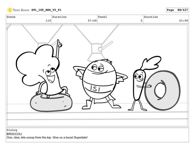 Scene
110
Duration
07:00
Panel
2
Duration
01:00
Dialog
BROCCOLI
Ooo, idea, lets scoop from the top. Give us a boost Supertato!
ST1_105_RES_V2_P1 Page 80/437
