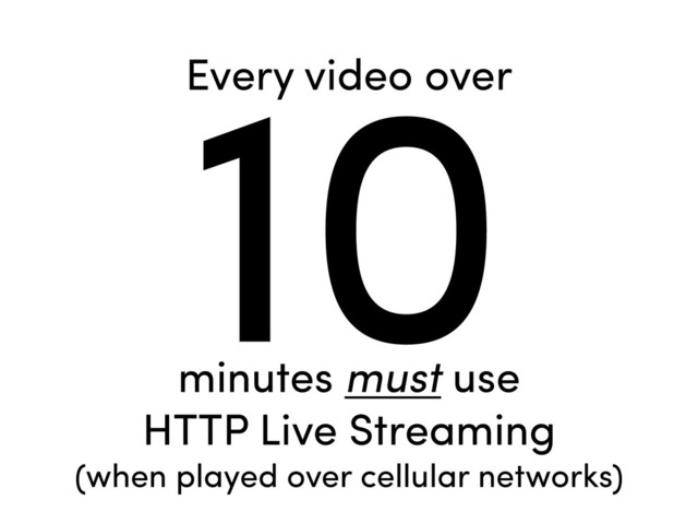 10
Every video over
minutes must use
HTTP Live Streaming
(when played over cellular networks)
