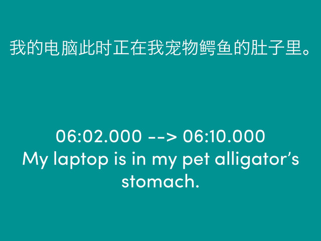 06:02.000 --> 06:10.000
My laptop is in my pet alligator’s
stomach.
զత电脑ࠑ时ਖ਼ࡏզ宠෺鳄⻥鱼తᡙࢠཬɻ
