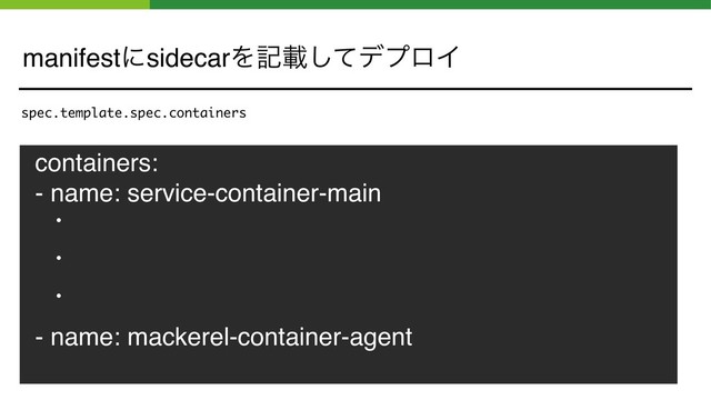 manifestʹsidecarΛهࡌͯ͠σϓϩΠ
containers:
- name: service-container-main
ɹɾ
ɹɾ
ɹɾ
- name: mackerel-container-agent
spec.template.spec.containers
