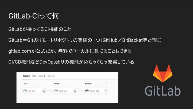 GitLab-CIって何
GitLabが持ってるCI機能のこと
GitLab＝Gitのリモートリポジトリの実装の１つ（GitHub／BitBacket等と同じ）
gitlab.comが公式だが，無料でローカルに建てることもできる
CI/CD機能などDevOps周りの機能がめちゃくちゃ充実している
